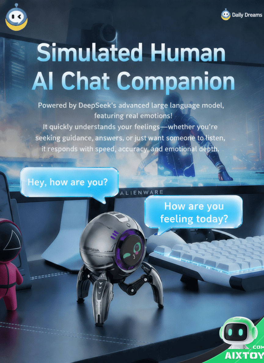 Xiaozhi AI Desktop Robot tripod legs on a gaming desk with DeepSeek AI companion