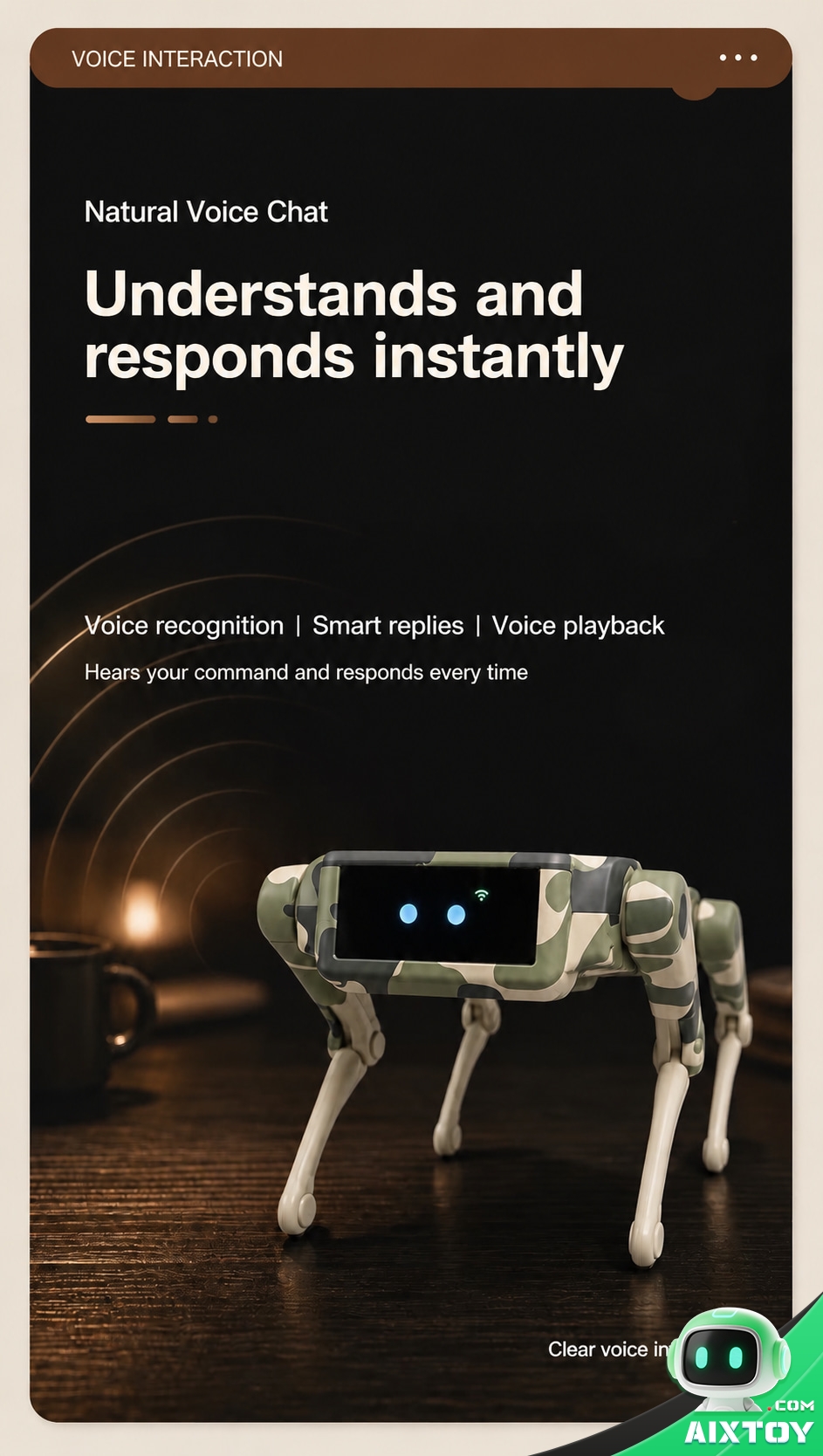 XiaoZhi Mini AI Robot Dog - Offline Interactive Companion Robot Pet with Voice Chat and Visual Programming XiaoZhi Mini AI Robot Dog - Offline Interactive Companion Robot Pet with Voice Chat and Visual Programming - feature detail