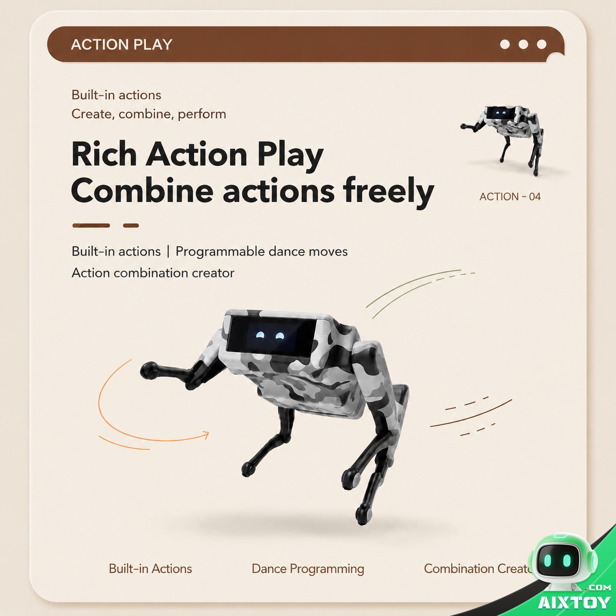 XiaoZhi mini AI robot dog performing built-in dance and multi-step action combinations