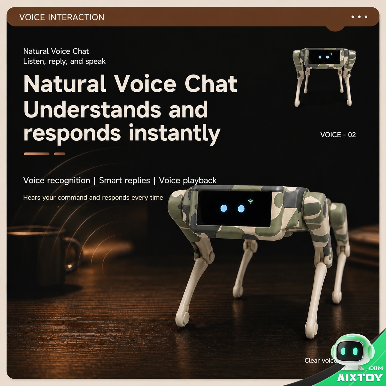 XiaoZhi mini AI robot dog responding to a voice command with natural voice chat
