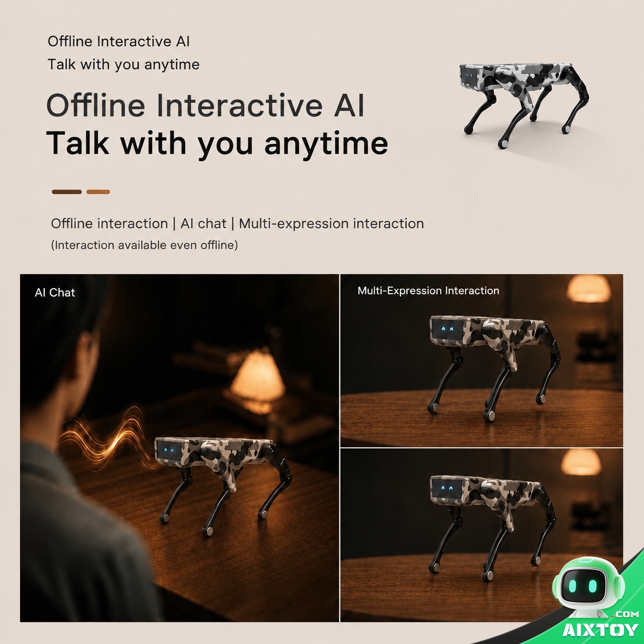 XiaoZhi mini AI robot dog chatting and reacting with multiple expressions while offline