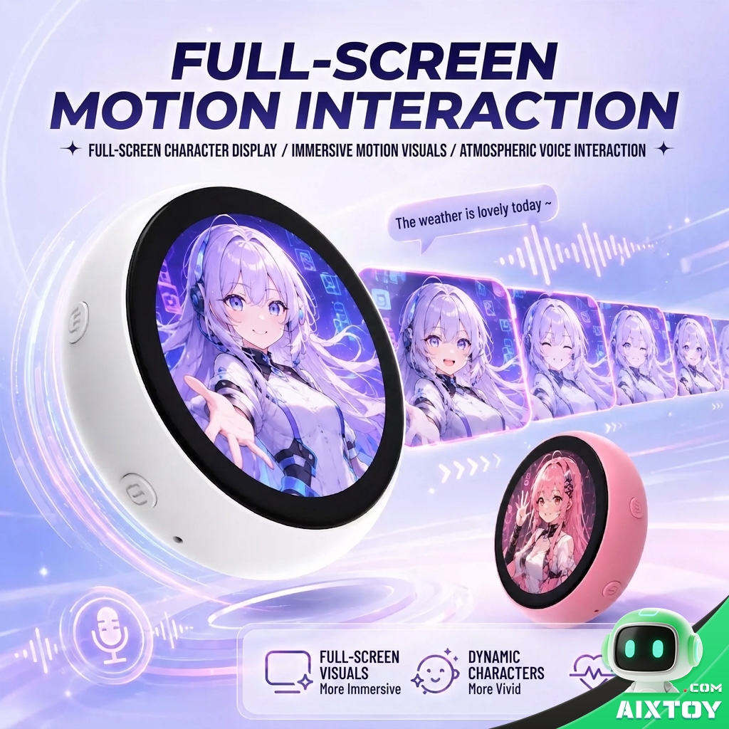 Xinyu Smart Interactive AI Pendant - Gallery image Xinyu smart interactive AI pendant full-screen motion interaction with animated sound waves on the round touchscreen