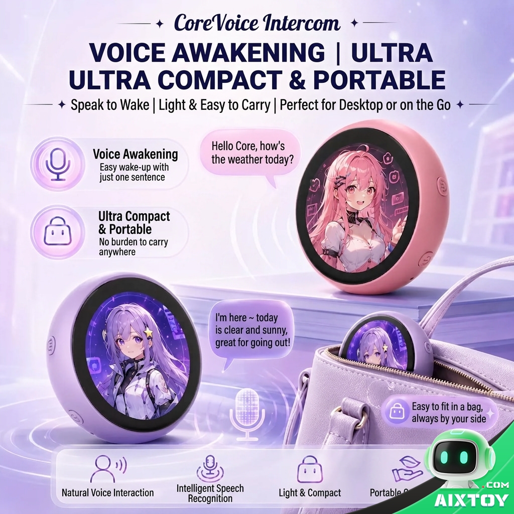 Xinyu smart interactive AI pendant, ultra-compact round voice assistant shown standalone and carried in a bag