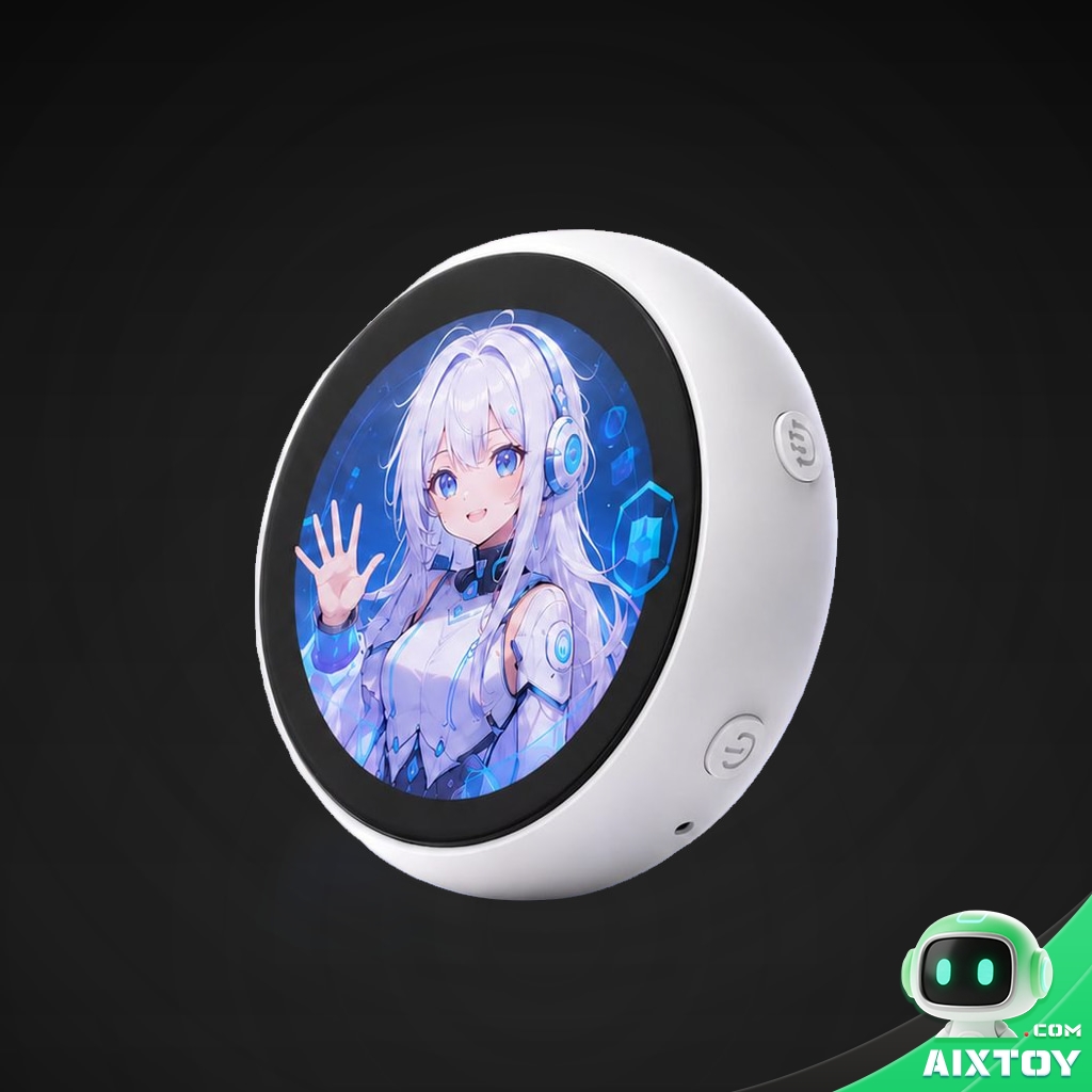 Xinyu Smart Interactive AI Pendant - Touchscreen Robot Pet with Custom Avatar Xinyu smart interactive AI pendant, round white plastic smart pendant with a full-colour circular screen showing an anime avatar and side control buttons — studio product photo on a dark background (AIXTOY)