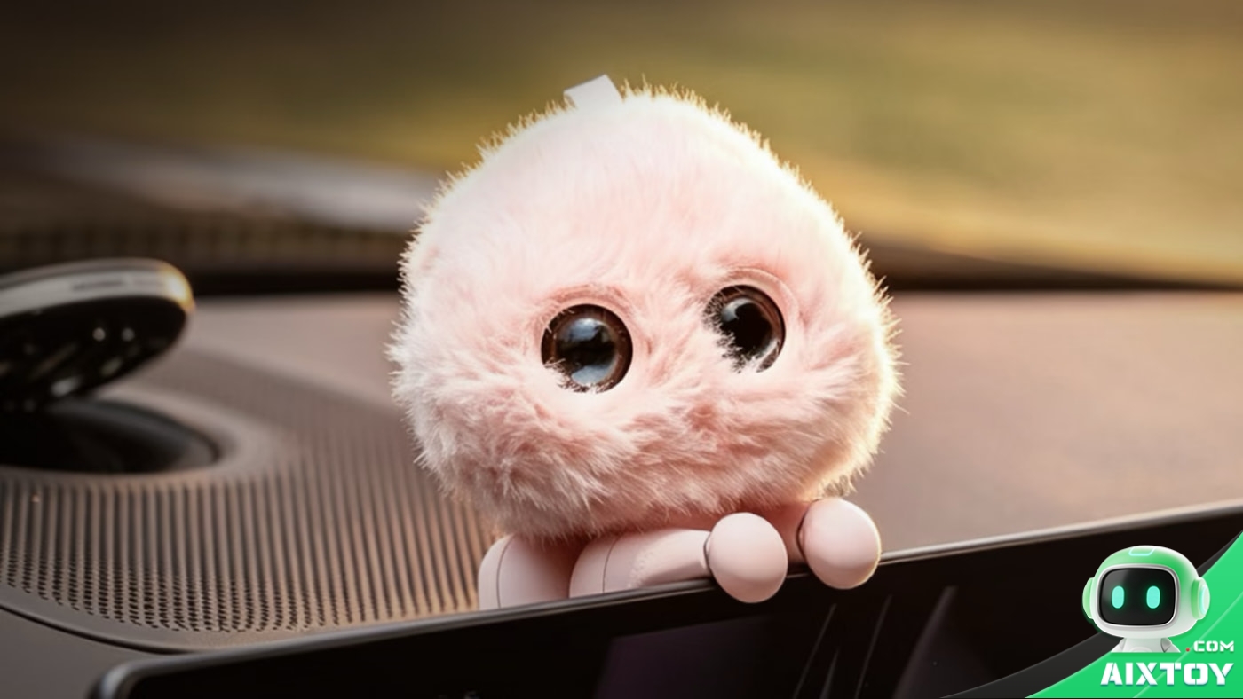 Yijing Hamomo, a small pink fluffy AI companion robot, clipped to the top edge of a car centre screen