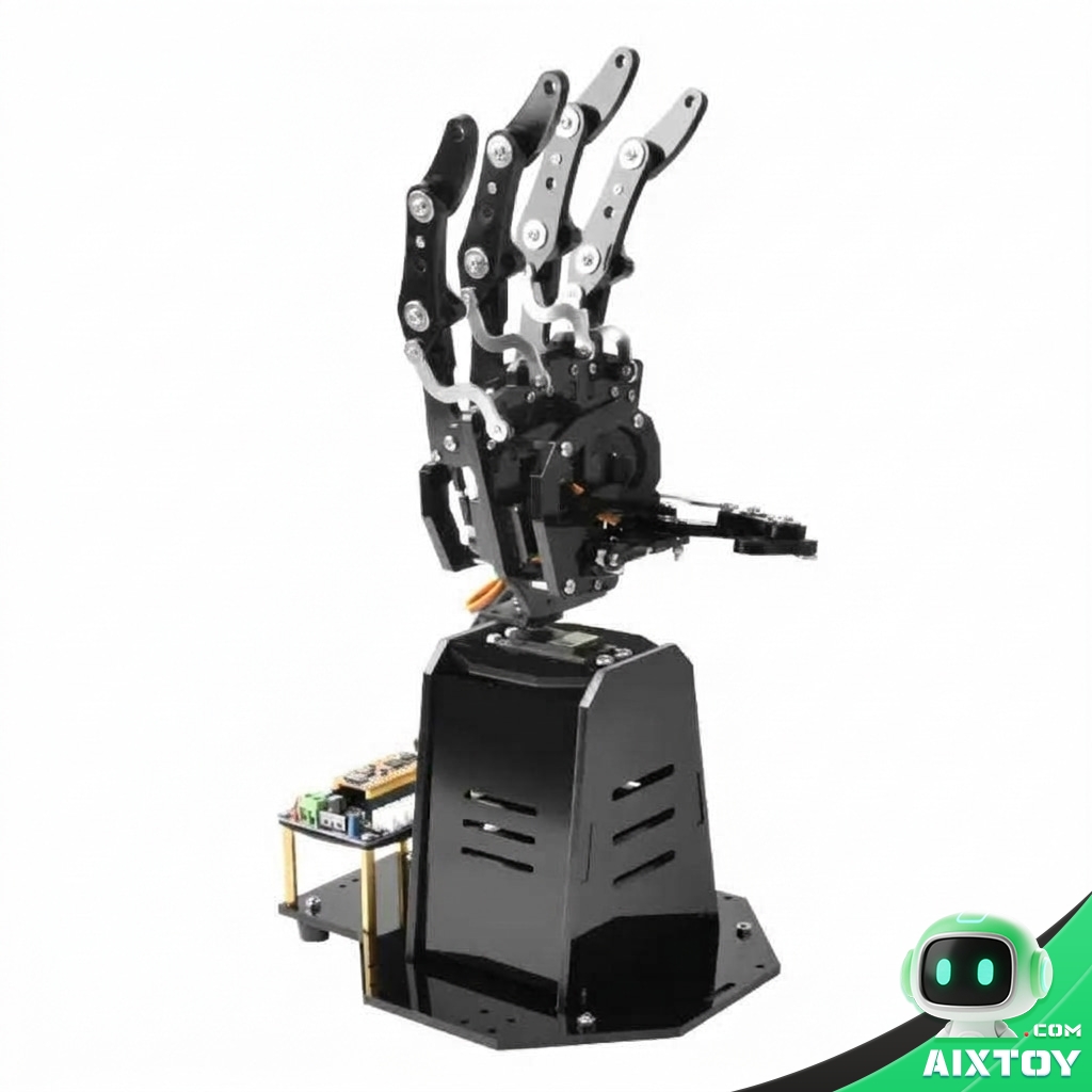 Zhongling G2 Open-Source Bionic Robot Hand - Gallery image Zhongling G2 open-source bionic robot hand, black articulated fingers on a base, isolated on a white background